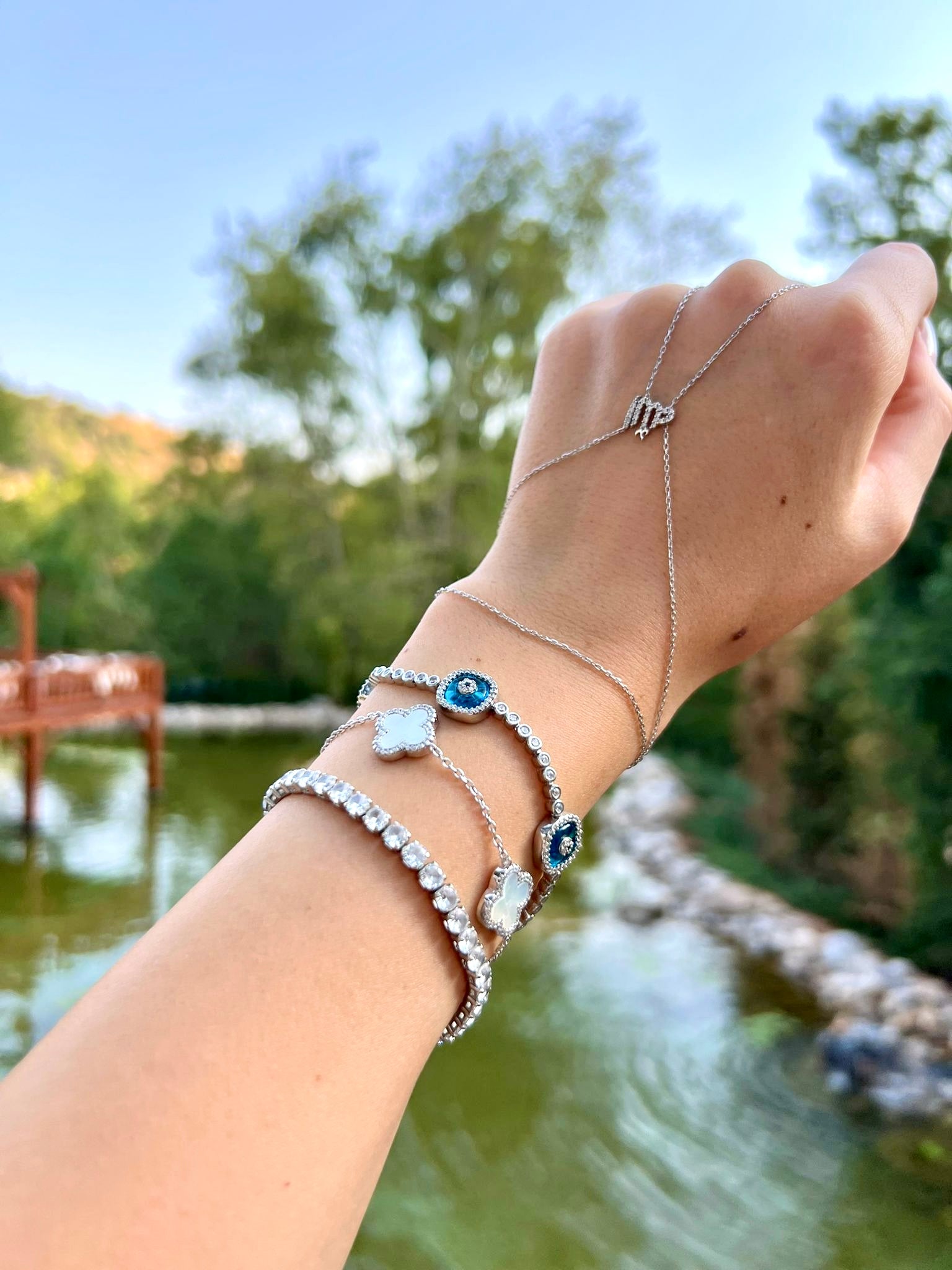 925 Ayar Gümüş Üzeri Altın Kaplama | Cam Göz İthal Bileklik-Beşli