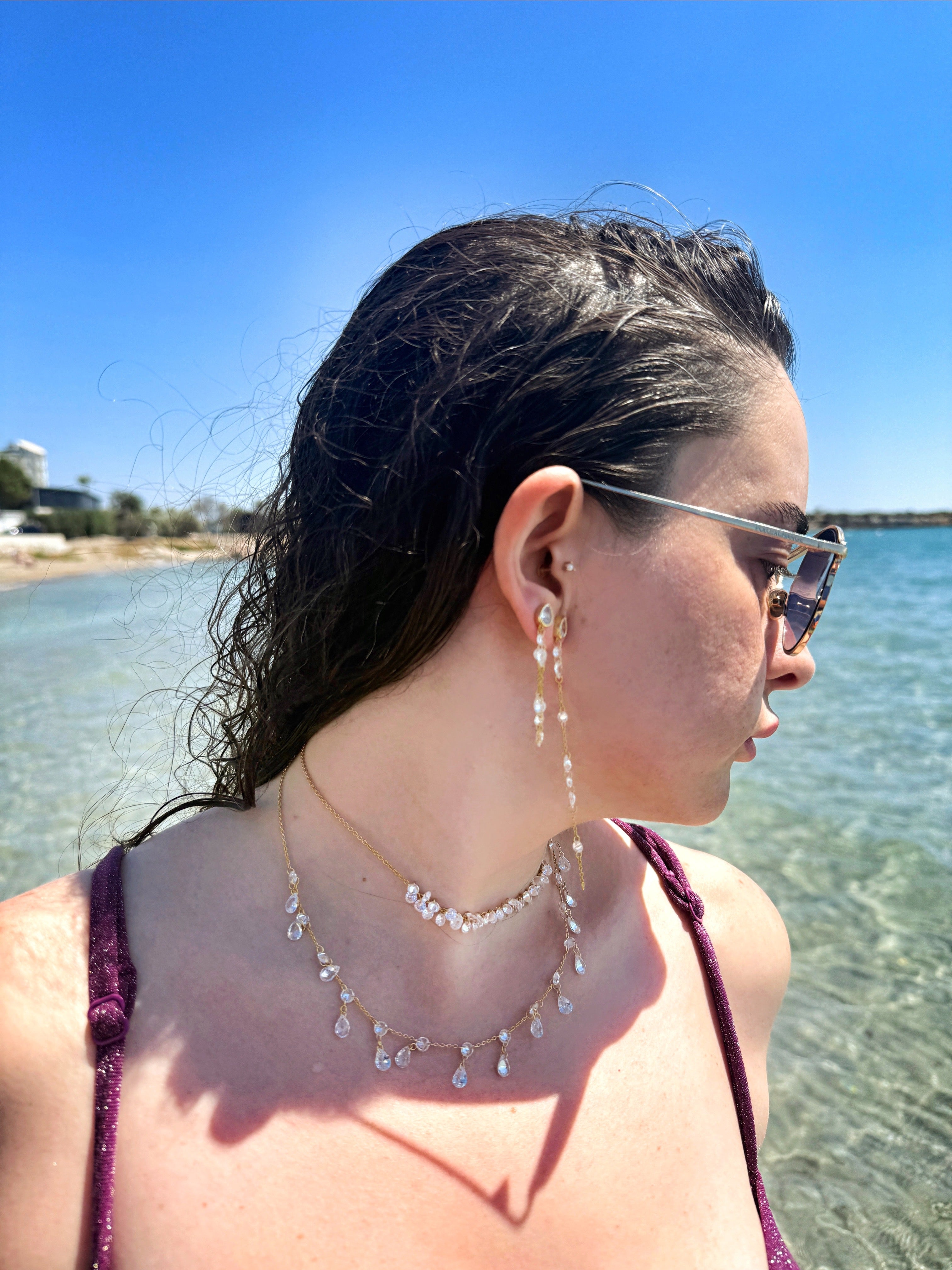 925 Ayar İthal Gümüş Üzeri Altın Kaplama | Aralıklı Su Damlası Gerdanlık