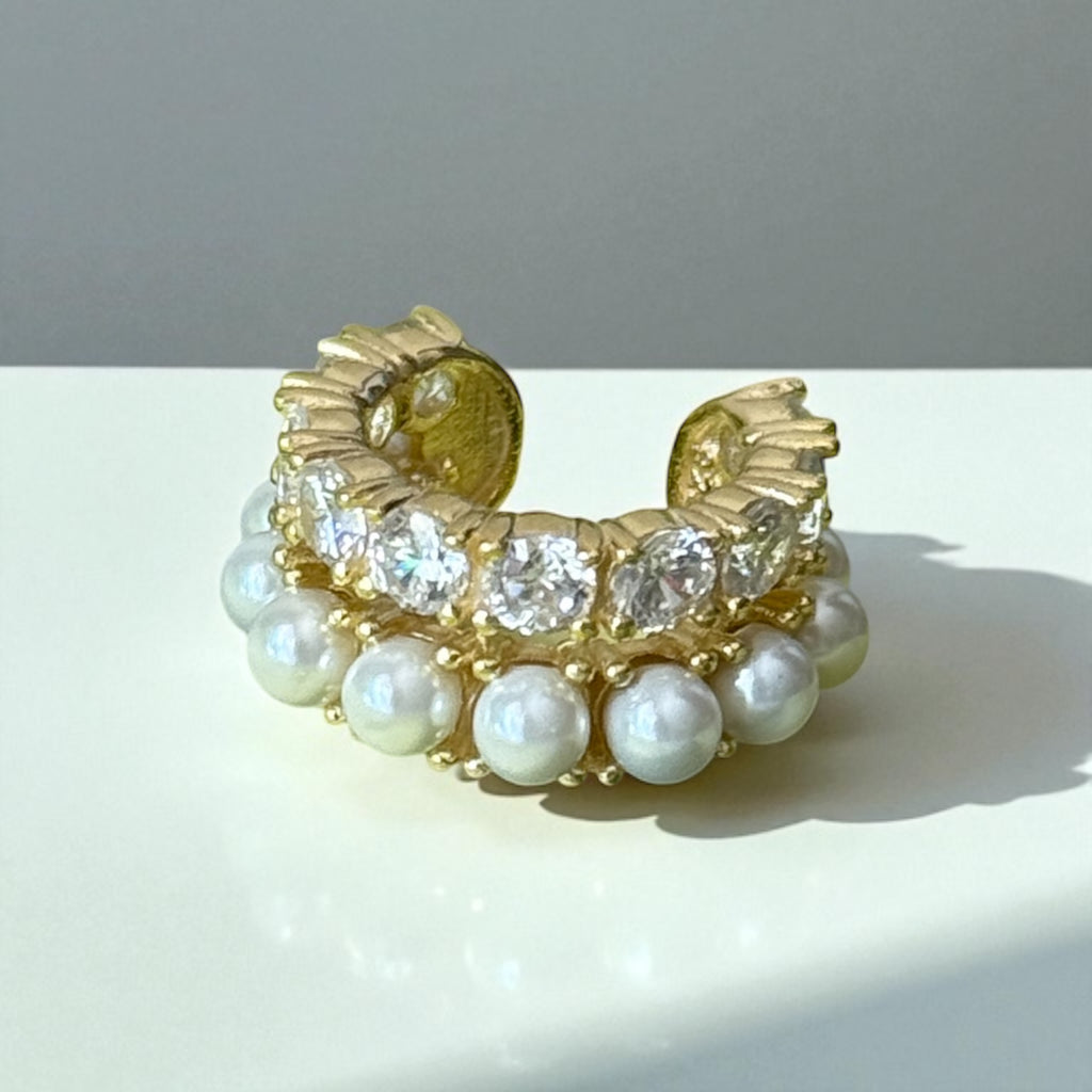 925 Ayar İthal Gümüş Üzeri Altın Kaplama | İnci Taş Kıkırdak Küpe-Earcuff