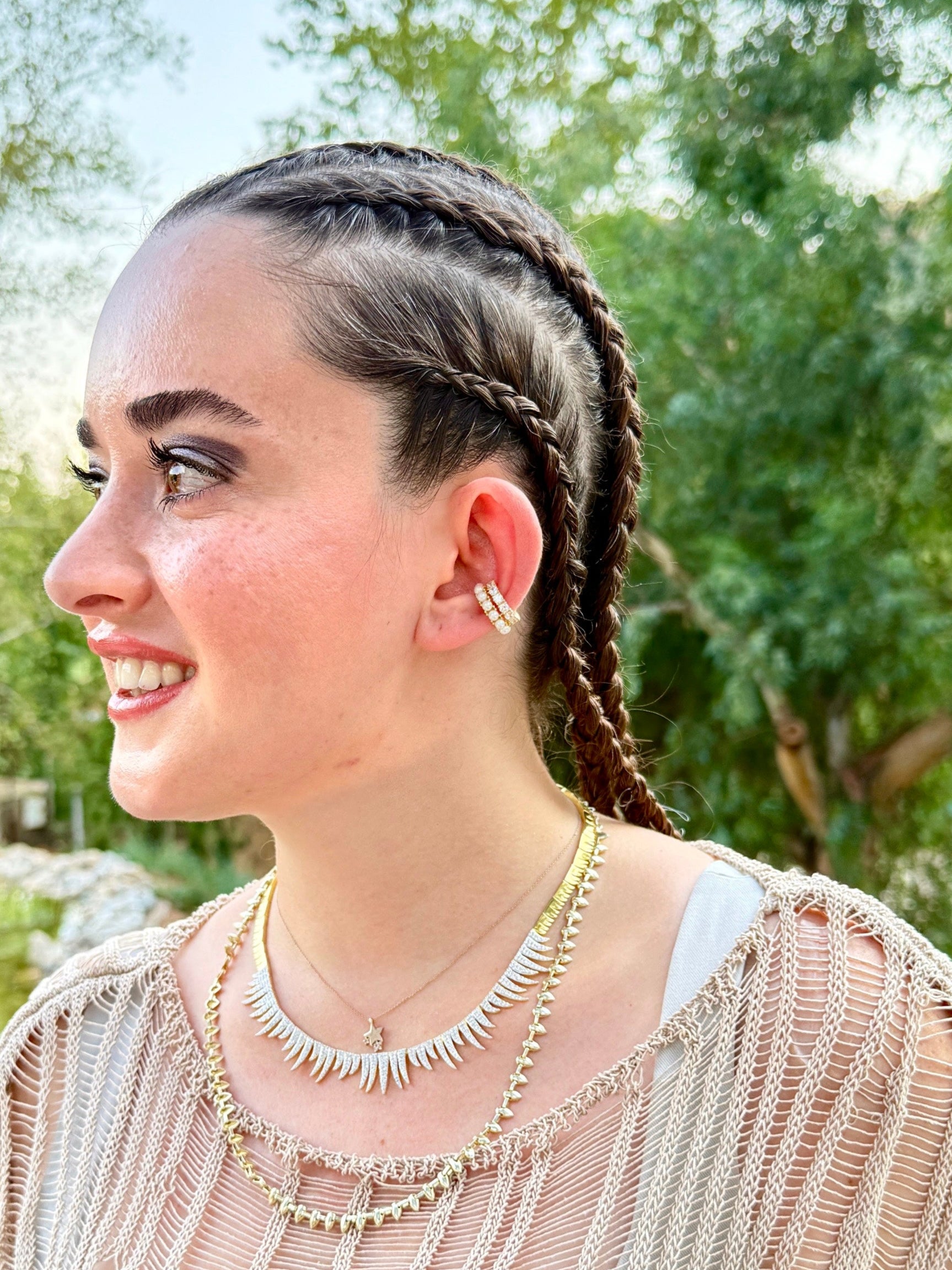 925 Ayar İthal Gümüş Üzeri Altın Kaplama | İnci Taş Kıkırdak Küpe-Earcuff