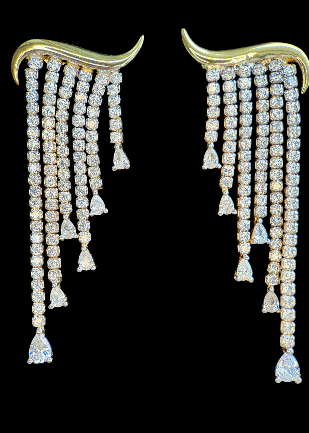 925 Ayar İthal Gümüş Üzeri Altın Kaplama | İthal Crystal Flow – Taşlı Uzun Sallantılı Küpe (Ear Cuff)