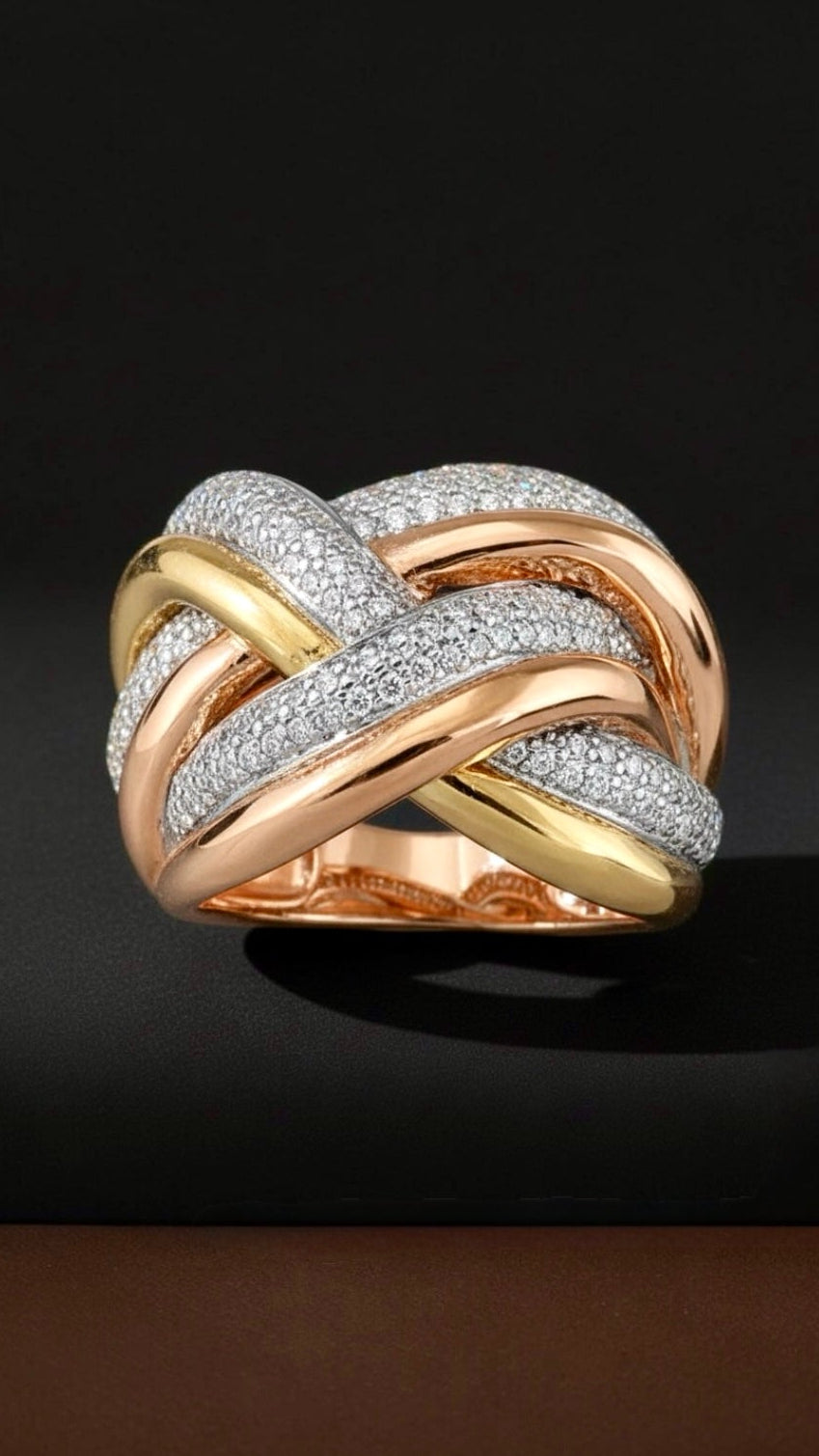 925 Ayar İthal Gümüş Üzeri Altın Kaplama | Mikro Taşlı Örgü Düğüm Yüzük