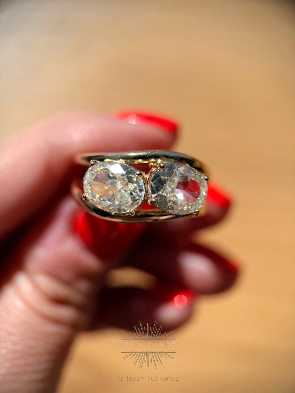 925 Ayar İthal Gümüş Üzeri Altın Kaplama | Mozanit Taşlı Double Oval Toi et Moi Yüzük