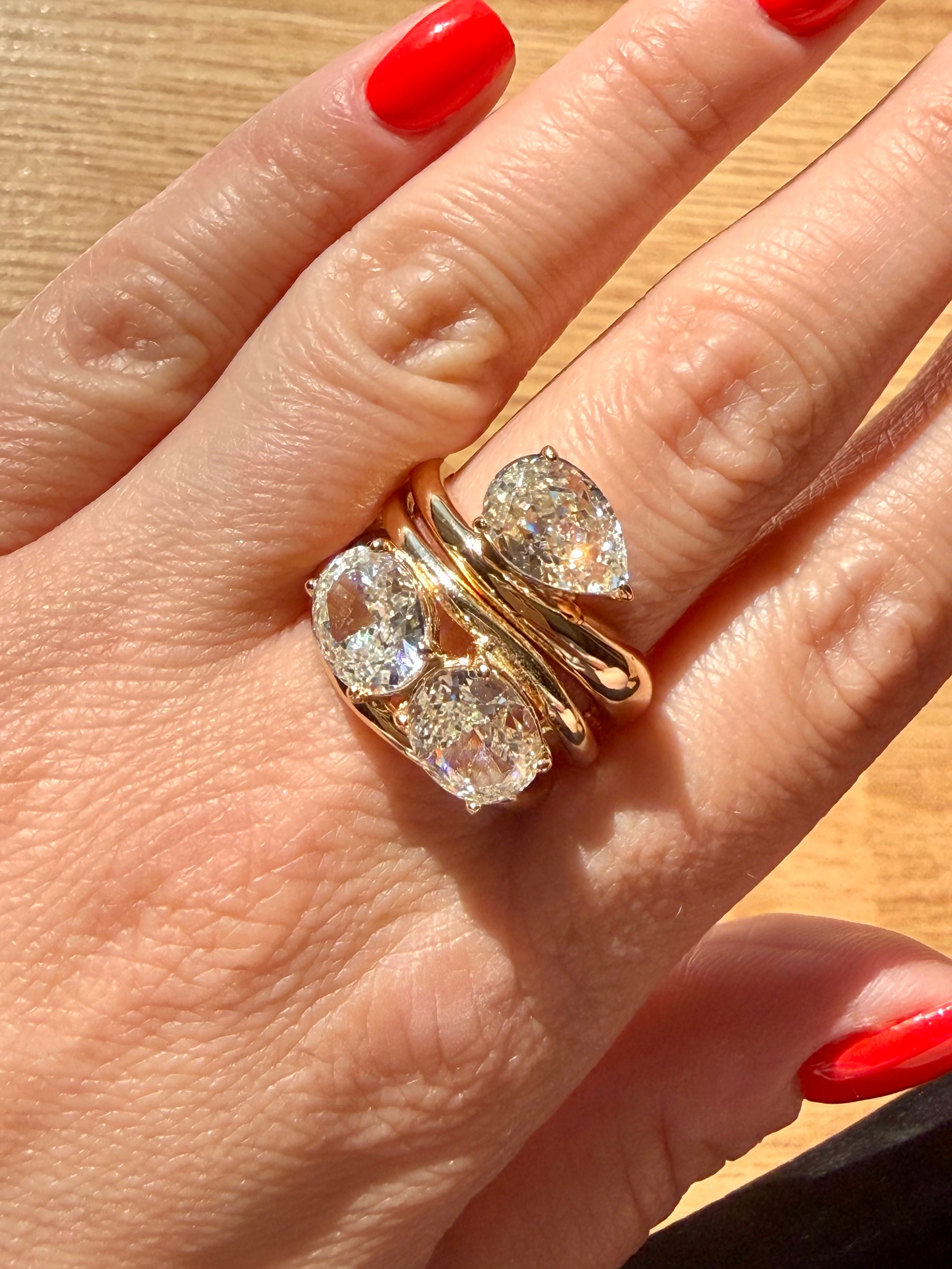 925 Ayar İthal Gümüş Üzeri Altın Kaplama | Mozanit Taşlı Double Oval Toi et Moi Yüzük